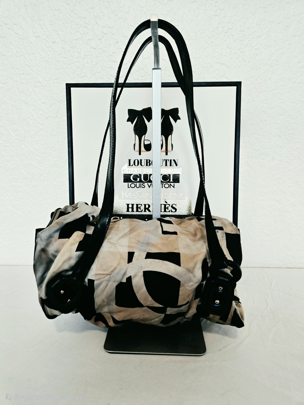 Salvatore Ferragamo Black and Beige Fiera Print Satin Shoulder Bag